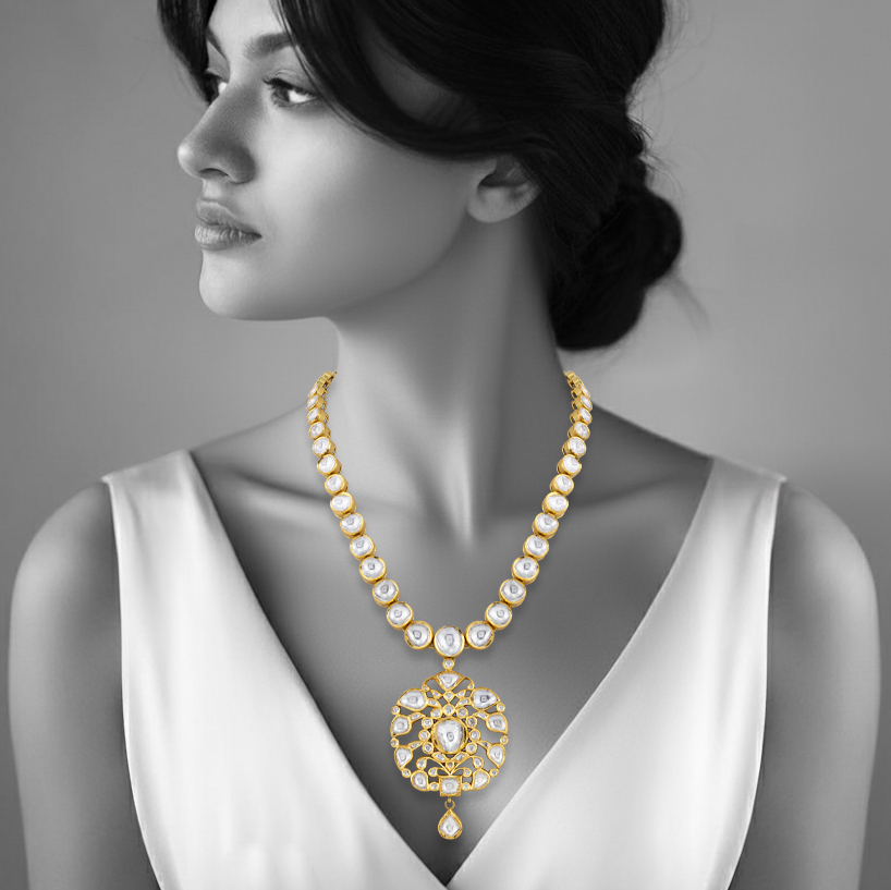 Polki Necklace with Intricate Floral Pendant